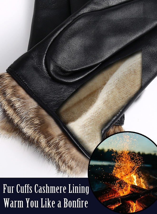 VIKIDEER Winter Warm Cashmere Lining Rabbit Fur Cuffs Leather Gloves for Women Touchscreen Black Large - Image 4